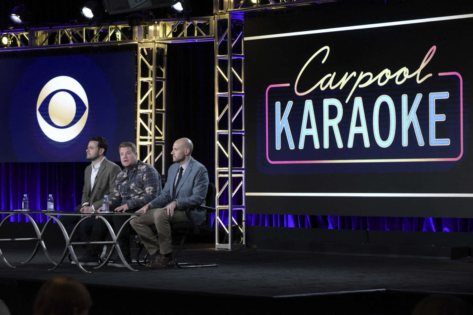 Ben Winston, from left, James Corden and Eric Pankowski attend "Carpool Karaoke (series for Apple Music)" panel at The CBS portion of the 2017 Winter Television Critics Association press tour on Monday, Jan. 9, 2017, in Pasadena, Calif. (Photo by Richard Shotwell/Invision/AP)