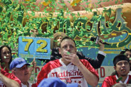 Joey Chestnut wins the Nathan's Annual Famous International Hot Dog Eating Contest, marking his 10th victory in the event, Tuesday July 4, 2017, in New York. (AP Photo/Bebeto Matthews)