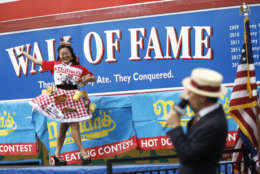 Mary Bowers is introduced before the Nathan's Famous Hotdog eating contest Tuesday, July 4, 2017, in Brooklyn, New York. Mi (AP Photo/Michael Noble Jr.)
