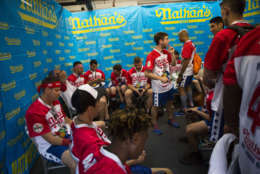 Nathan's Famous Hotdog eating contest participants wait backstage on Tuesday, July 4, 2017, in Brooklyn, New York. (AP Photo/Michael Noble Jr.)