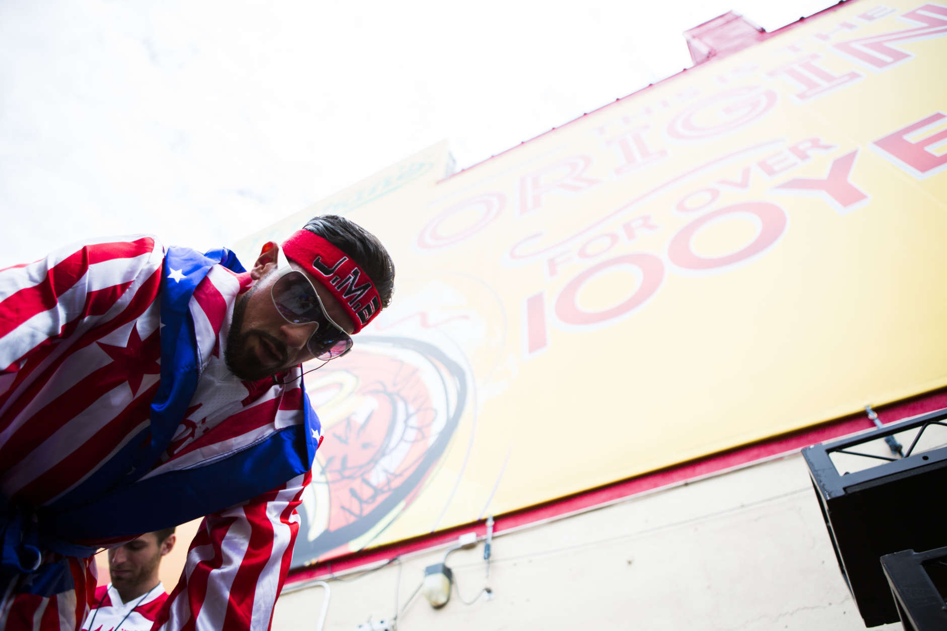 Juan Rodriguez stretch before for competing in the Nathan's Famous Hotdog eating contest Tuesday, July 4, 2017, in Brooklyn, New York. (AP Photo/Michael Noble Jr.)