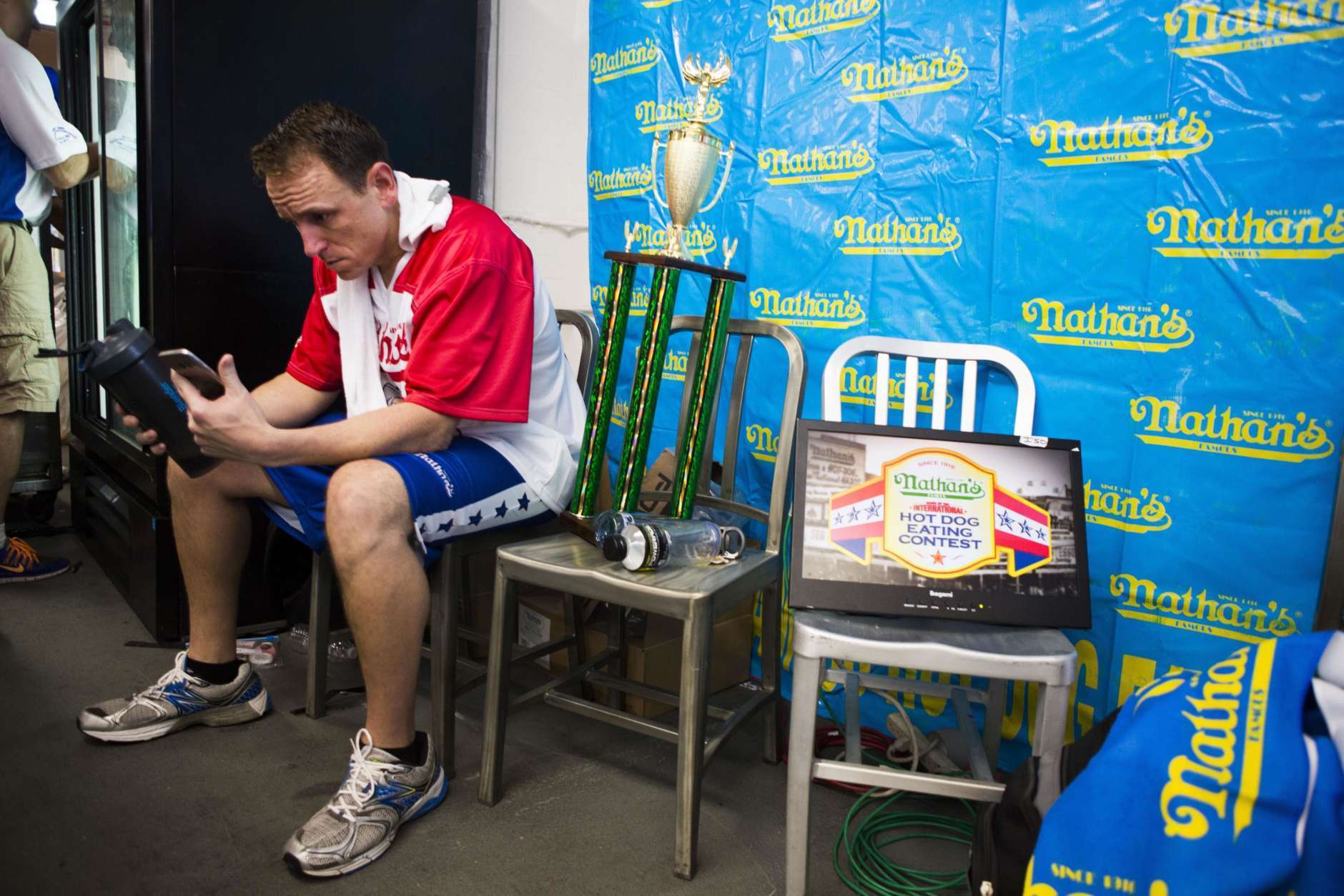 Joey Chestnut gets in the zone before the Nathan's Famous Hotdog eating contest Tuesday, July 4, 2017, in Brooklyn, New York. Chestnut ate 72 hotdogs in 10 minutes to claim his 10th win. (AP Photo/Michael Noble Jr.)