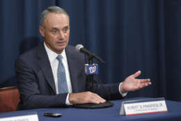 Baseball Commissioner Rob Manfred speaks during a press conference to unveil the 2018 MLB All-Star Game logo, Wednesday, July 26, 2017, in Washington. (AP Photo/Nick Wass)