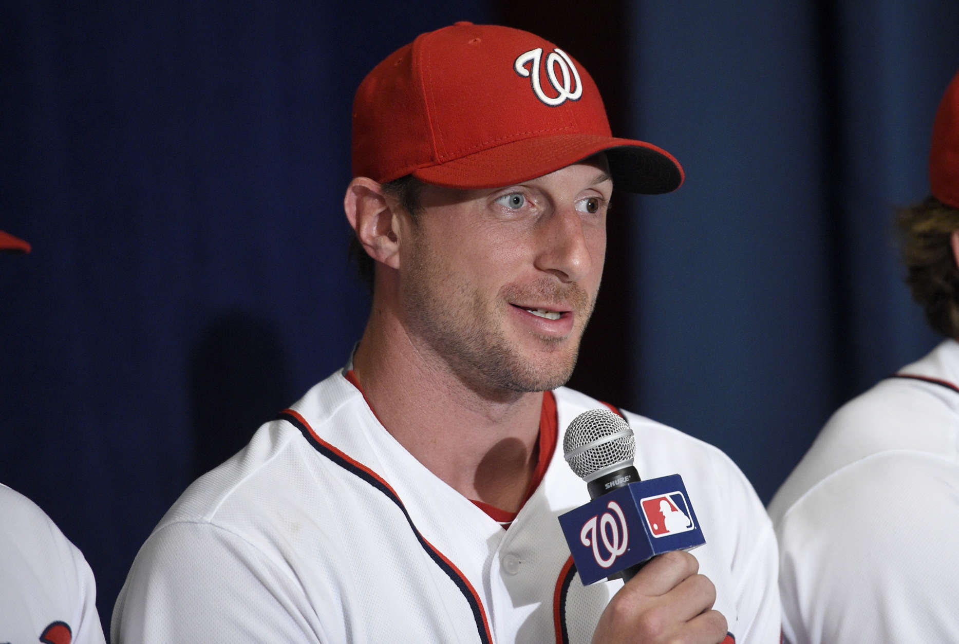 Washington Nationals' Max Scherzer speaks during a baseball press conference to unveil the 2018 MLB All-Star Game logo, Wednesday, July 26, 2017, in Washington. (AP Photo/Nick Wass)