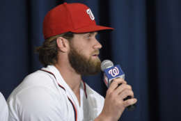 Washington Nationals' Bryce Harper speaks at a baseball press conference to unveil the 2018 MLB All-Star Game logo, Wednesday, July 26, 2017, in Washington. (AP Photo/Nick Wass)