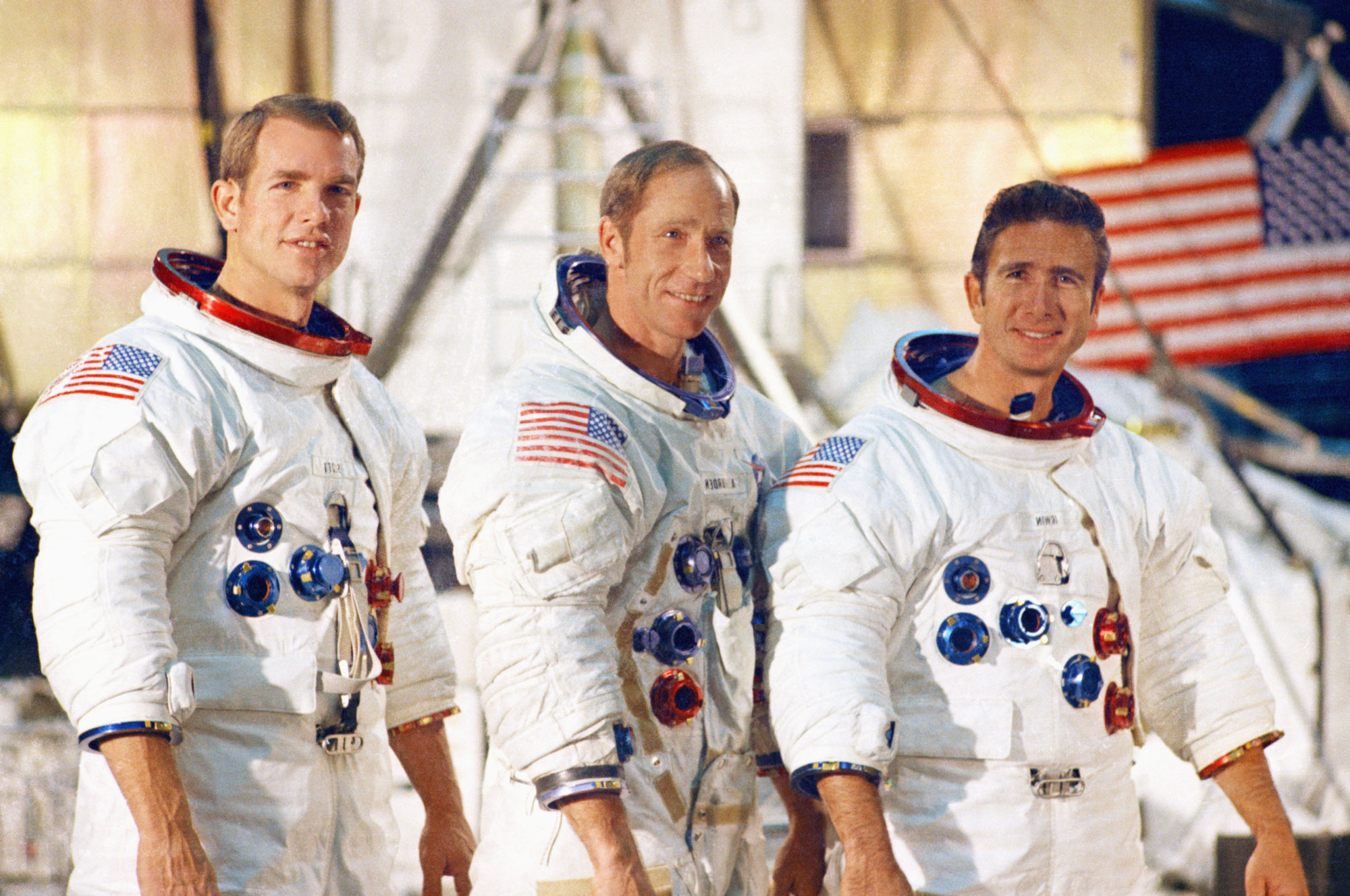 Apollo 15 commander David R. Scott, Command Module pilot Alfred M. Worden, and Lunar Module pilot James B. Irwin, enroute to spacecraft for countdown demonstration test in Cape Kennedy, Florida, July 14, 1971. (AP Photo/Jim Kerlin)