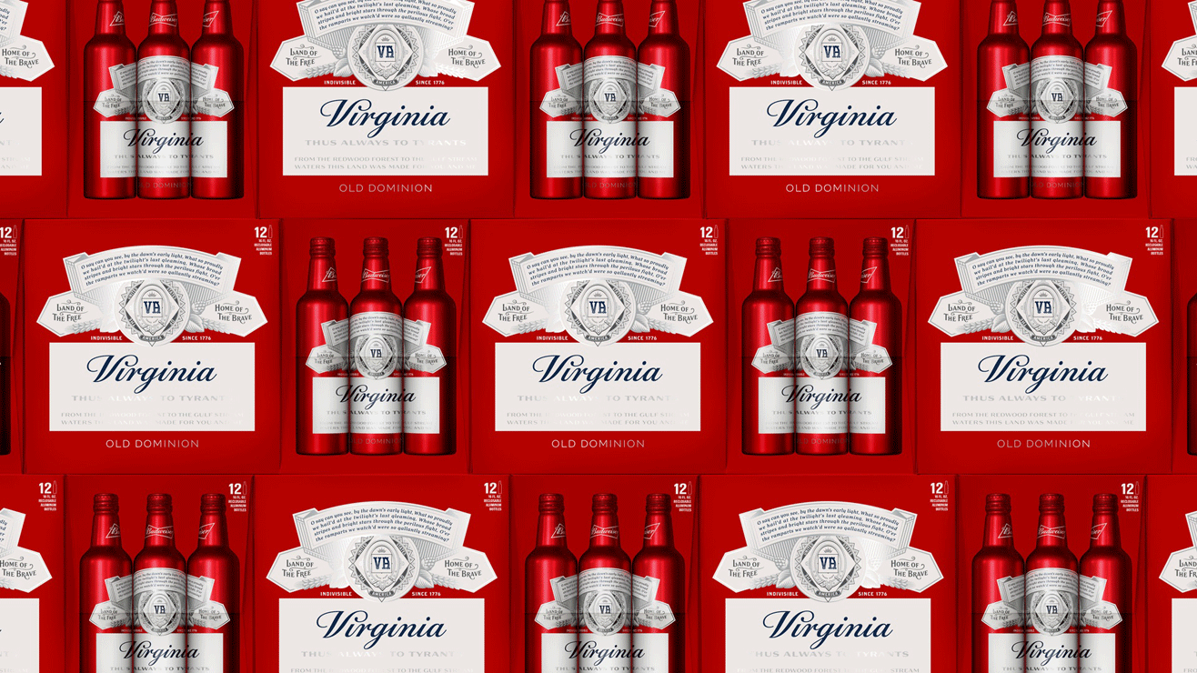 For the special summer packaging, "Budweiser" on cans and bottles has been replaced with "Virginia." The center medallion "AB" monogram has been replaced with the state's initials, and "King of Beers" has been changed to the Virginia state motto, "Thus Always to Tyrants." (Courtesy Budweiser) 