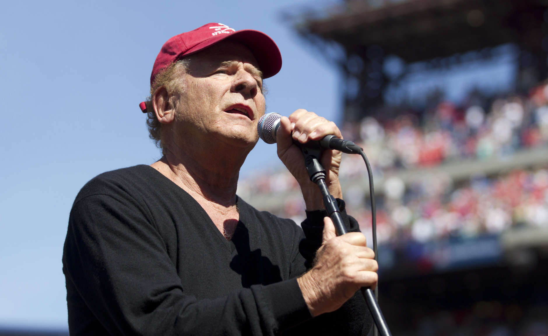 PHILADELPHIA, PA - JUNE 15: Grammy award winning singer Art Garfunkel sings 'God Bless America' in between the seventh inning of the game bewteen the Chicago Cubs and Philadelphia Phillies on June 15, 2014 at Citizens Bank Park in Philadelphia, Pennsylvania. (Photo by Mitchell Leff/Getty Images)