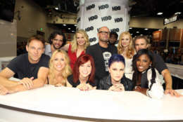 SAN DIEGO, CA - JULY 26: in this handout photo provided by Warner Bros, (front row L-R) Stephen Moyer, Anna Camp, Carrie Preston, Anna Paquin and Rutina Wesley, (back row L-R) Nathan Parsons, Kristin Bauer van Straten, Chris Bauer, Nelsan Ellis, Deborah Ann Woll and Sam Trammell of "True Blood" attend Comic-Con International 2014 on July 26, 2014 in San Diego, California. (Photo by Chris Frawley/Warner Bros. Entertainment Inc. via Getty Images)