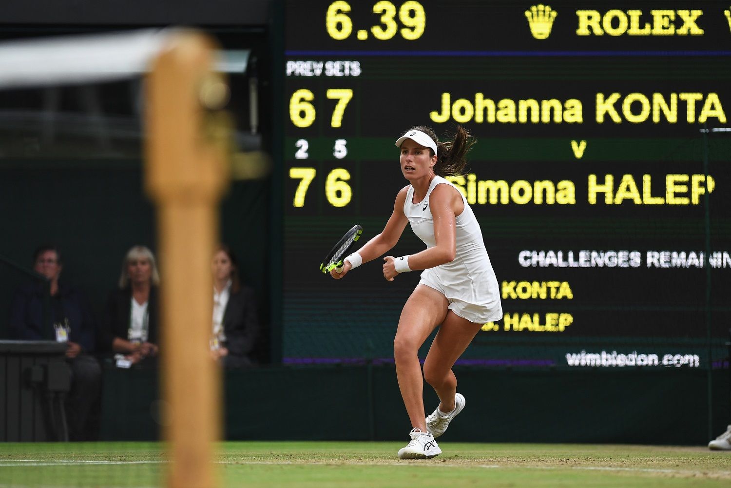 LONDON, ENGLAND - JULY 11:  Johanna Konta of Great Britain runs in during the Ladies Singles quarter final match against Simona Halep of Romania on day eight of the Wimbledon Lawn Tennis Championships at the All England Lawn Tennis and Croquet Club on July 11, 2017 in London, England.  (Photo by Shaun Botterill/Getty Images)