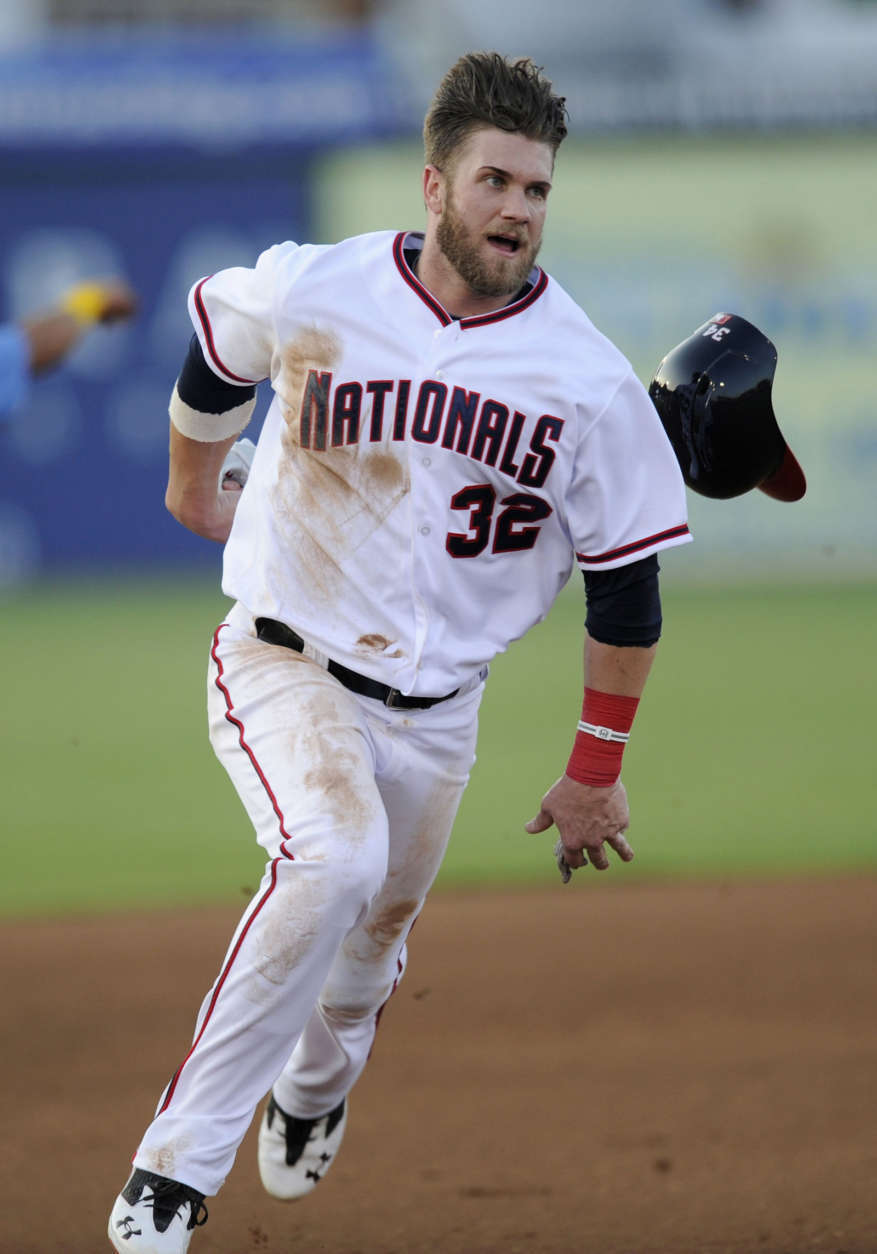Bryce Harper appeared in four games with Potomac Nationals in 2013 and 2014 while rehabbing from an injury. (AP Photo/Nick Wass)