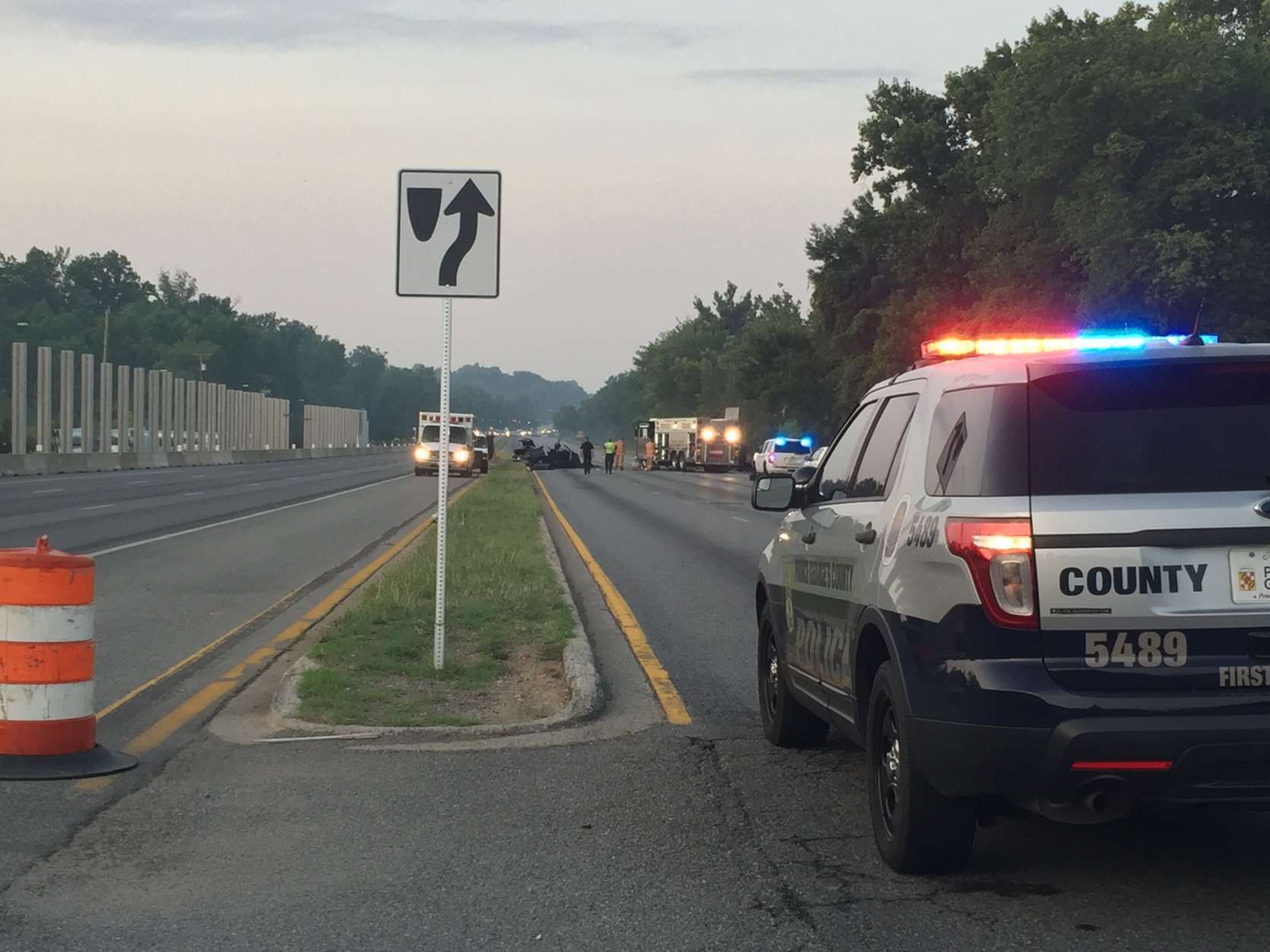 According to Prince George’s County police, two cars collided head-on in the southbound lanes of the highway at around 2:30 a.m. Friday, just north of Palmer Road. (WTOP/Dennis Foley) 