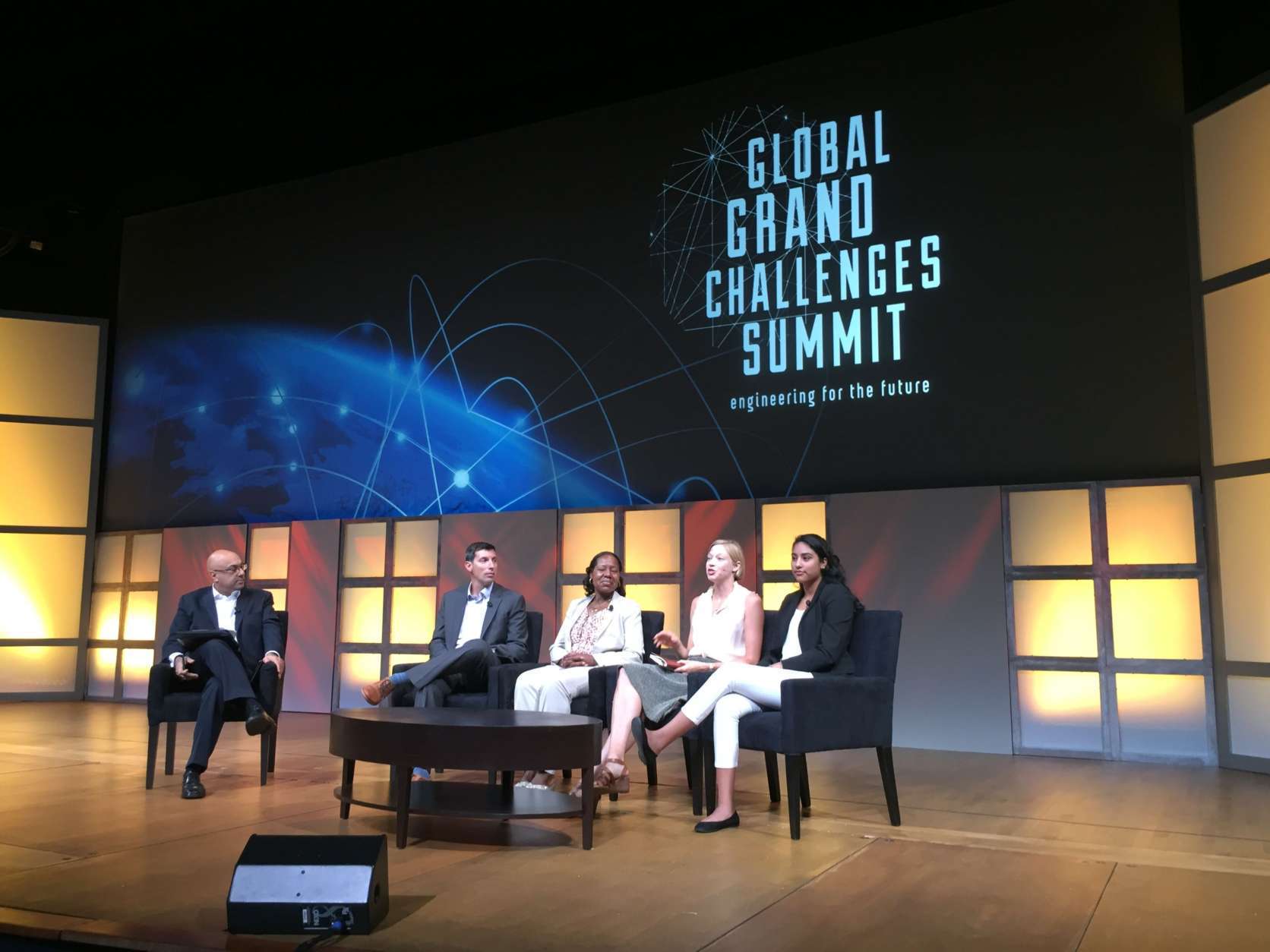 Pictured with http://www.engineeringchallenges.org/challenges.aspx Global Grand Challenges Summit panel moderator Ali Velshi, left to right are Scott Settar, Program Manager, Technology and Engineering Education and STEAM Integration, Fairfax County Public Schools. Pamela Brumfield, Principal, Thomas A. Edison High School of Alexandria. Katherine Shirey, Senior Fellow, Knowles Science Teaching Foundation and Francis Reyes, Global STEM Challenges Student at Edison High.