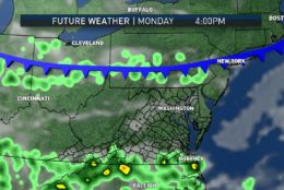 In terms of storms, the highest chances on Monday will be in southern Pennsylvania and northern Maryland, depending on the exact progress of the front. On Tuesday, the front will stall in our area and the highest chances for storms (scattered and temporary though they would be) will be right along and south of the boundary. This is also RPM computer output for simulated clouds and radar. Frontal positions are inherently approximated (fronts are actually zones of transition between air masses, not neat lines). (Data: The Weather Company. Graphics: Storm Team 4)
