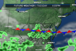 In terms of storms, the highest chances on Monday will be in southern Pennsylvania and northern Maryland, depending on the exact progress of the front. On Tuesday, the front will stall in our area and the highest chances for storms (scattered and temporary though they would be) will be right along and south of the boundary. This is also RPM computer output for simulated clouds and radar. Frontal positions are inherently approximated (fronts are actually zones of transition between air masses, not neat lines). (Data: The Weather Company. Graphics: Storm Team 4)