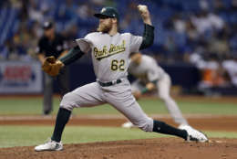 Oakland Athletics relief pitcher Sean Doolittle during the eighth inning of the second game of a baseball doubleheader against the Tampa Bay Rays Saturday, June 10, 2017, in St. Petersburg, Fla. (AP Photo/Chris O'Meara)