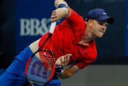 ATLANTA, GA - JULY 28:  Kyle Edmund of Great Britain serves to Jack Sock during the BB&amp;T Atlanta Open at Atlantic Station on July 28, 2017 in Atlanta, Georgia.  (Photo by Kevin C. Cox/Getty Images)