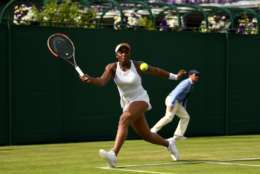 LONDON, ENGLAND - JULY 04: Sloane Stephens of the United States plays a forehand during the Ladies Singles first round match against Alison Riske of The United States on day two of the Wimbledon Lawn Tennis Championships at the All England Lawn Tennis and Croquet Club on July 4, 2017 in London, England.  (Photo by David Ramos/Getty Images)