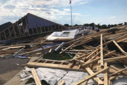 Building debris covers the ground after a tornado hit Stevensville, Maryland, on Monday, July 24, 2017. (WTOP/Steve Dresner)