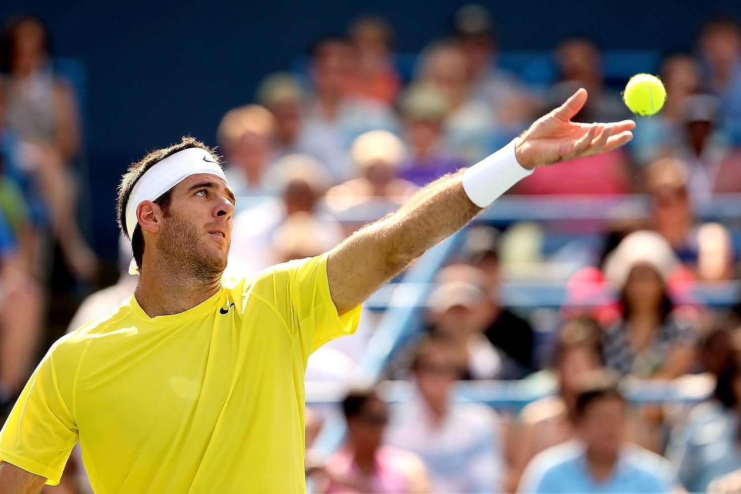WASHINGTON, DC - AUGUST 04:  Juan Martin Del Potro of Argentina returns a shot to John Isner during the final of the Citi Open at the William H.G. FitzGerald Tennis Center on August 4, 2013 in Washington, DC.  (Photo by Matthew Stockman/Getty Images)