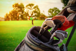 closeup old golf bags on green