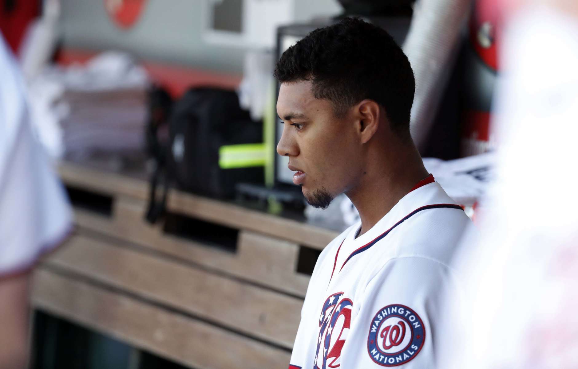 Washington Nationals starting pitcher Joe Ross (41) sits in the dugout before a baseball game against the Atlanta Braves at Nationals Park, Sunday, July 9, 2017, in Washington. (AP Photo/Alex Brandon)