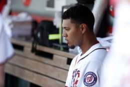 Washington Nationals starting pitcher Joe Ross (41) sits in the dugout before a baseball game against the Atlanta Braves at Nationals Park, Sunday, July 9, 2017, in Washington. (AP Photo/Alex Brandon)