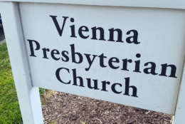 The sign for the church where Lenny Schultz's Saturday funeral was held. (WTOP/Kathy Stewart)