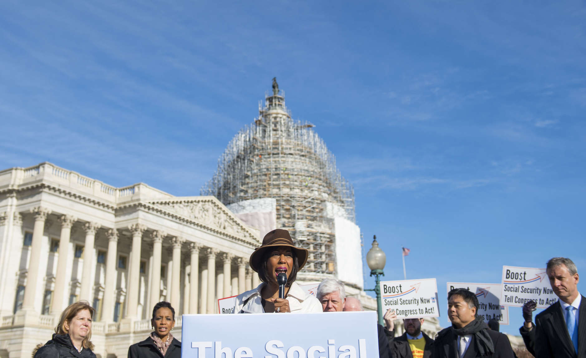 Global Policy Solutions President and CEO Dr. Maya Rockeymoore speaks during a news conference on Capitol Hill in Washington, Wednesday, March 18, 2105, to announce the introduction of the Social Security 2100 Act. (AP Photo/Molly Riley)