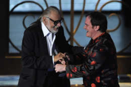 George Romero, left,  accepts the Mastermind Award presented by Quentin Tarantino at the "Scream Awards" on Saturday, Oct. 17, 2009, in Los Angeles. (AP Photo/Chris Pizzello)