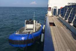 This smaller vessel is called a SAFE Boat and is used to bring visitors to the OCEARCH. (WTOP/Michelle Basch)