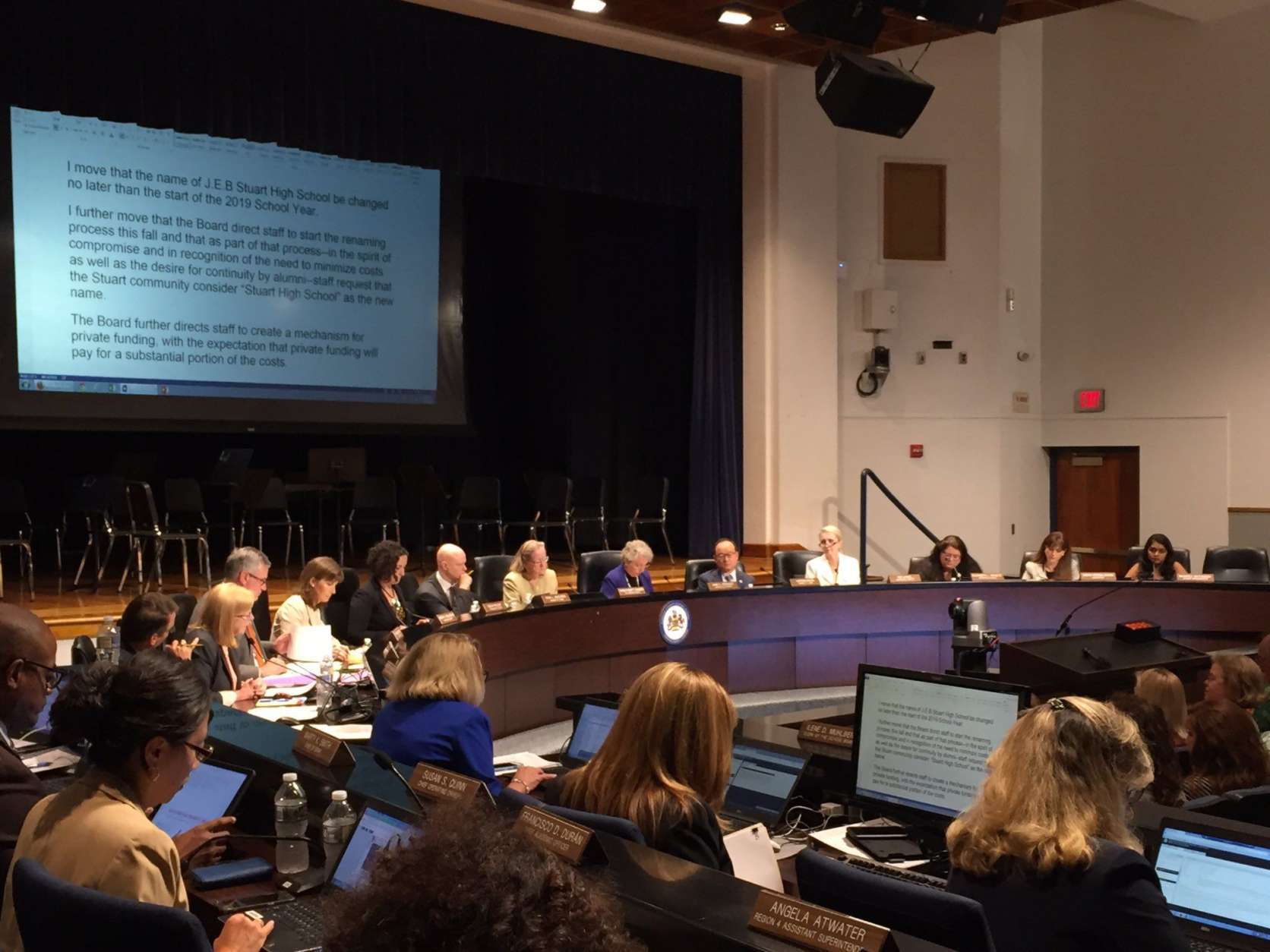 The Fairfax County School Board discussed the motion to change the name of J.E.B. Stuart High School. (WTOP/Michelle Basch)