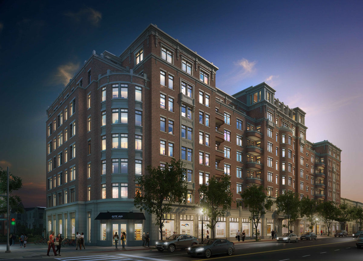 A rendering of the luxury eight-story 13|U building at the intersection of 13th and U Streets in Northwest D.C. The apartment is now leasing, where rent for a penthouse runs to $11,000 a month.