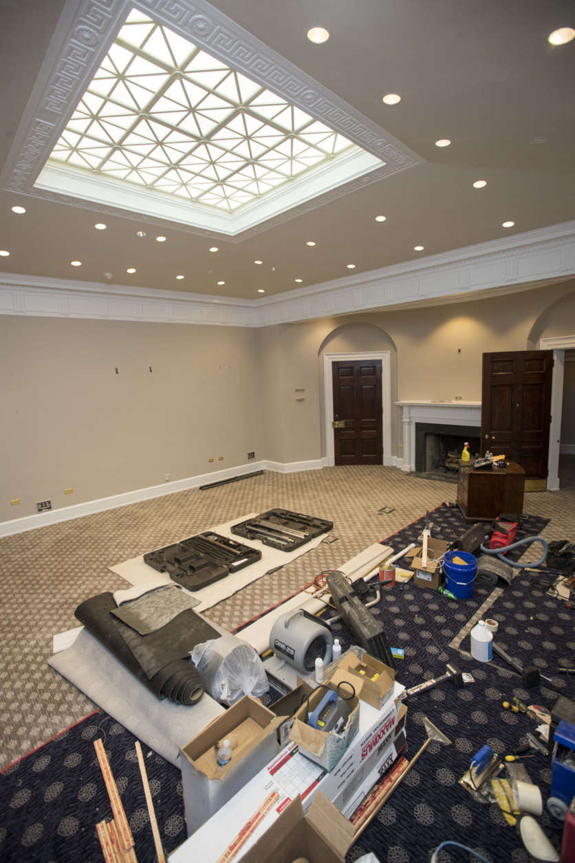 The Roosevelt Room in the the West Wing of the White House is undergoing renovations while President Donald Trump is spending time at his golf resort in New Jersey, Friday, Aug. 11, 2017, in Washington. (AP Photo/J. Scott Applewhite)