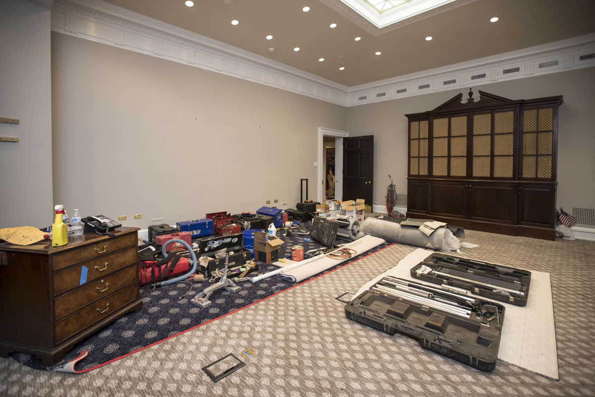 The Roosevelt Room in the the West Wing of the White House undergoes renovations while President Donald Trump is spending time at his golf resort in New Jersey, Friday, Aug. 11, 2017, in Washington. (AP Photo/J. Scott Applewhite)