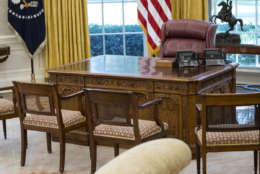 The Resolute Desk is seen in the newly renovated Oval Office of the White House in Washington, Tuesday, Aug. 22, 2017, during a media tour. (AP Photo/Carolyn Kaster)