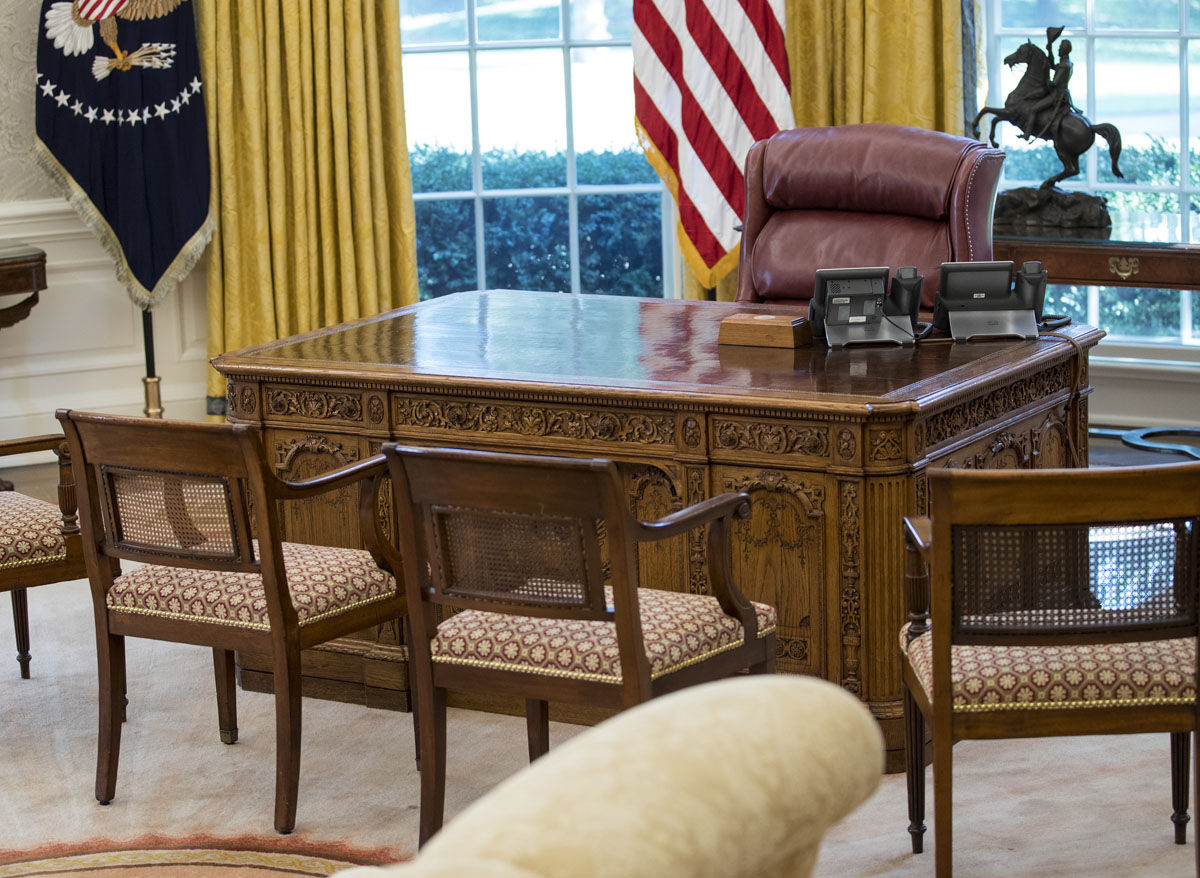 The Resolute Desk is seen in the newly renovated Oval Office of the White House in Washington, Tuesday, Aug. 22, 2017, during a media tour. (AP Photo/Carolyn Kaster)