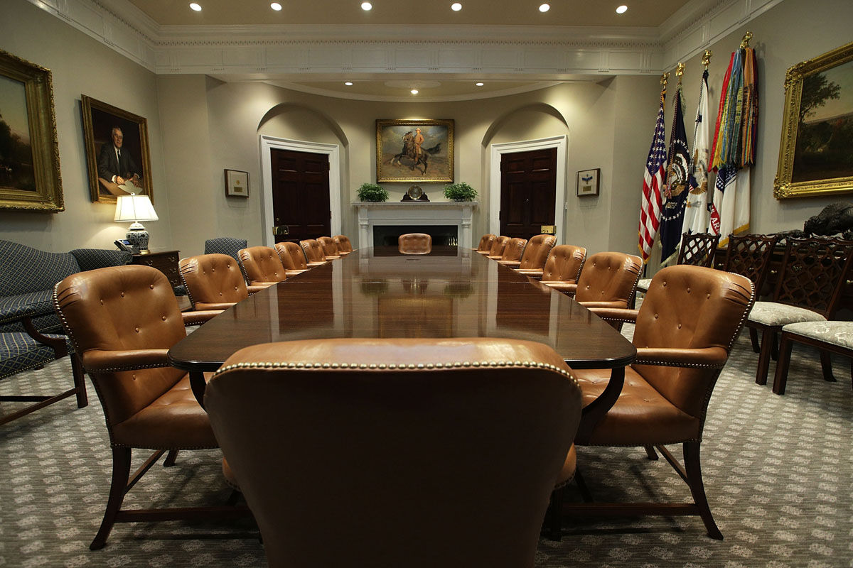 WASHINGTON, DC - AUGUST 22:  The Roosevelt Room of the White House is seen after renovations August 22, 2017 in Washington, DC. The White House has undergone a major renovation with an upgrade of the HVAC system at the West Wing, the South Portico steps, the Navy mess kitchen, and the lower lobby.  (Photo by Alex Wong/Getty Images)