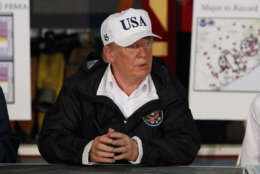 President Donald Trump participates in a briefing on Harvey relief efforts, Tuesday, Aug. 29, 2017, in Corpus Christi, Texas. (AP Photo/Evan Vucci)