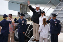 President Donald Trump and first lady Melania Trump arrive on Air Force One at Corpus Christi International Airport in Corpus Christi, Texas, Tuesday, Aug. 29, 2017, for briefings on Hurricane Harvey relief efforts. (AP Photo/Evan Vucci)