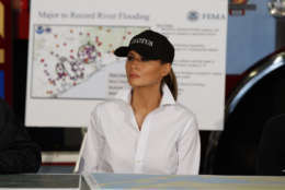 First lady Melania Trump listens during a briefing on Harvey relief efforts, Tuesday, Aug. 29, 2017, in Corpus Christi, Texas. (AP Photo/Evan Vucci)