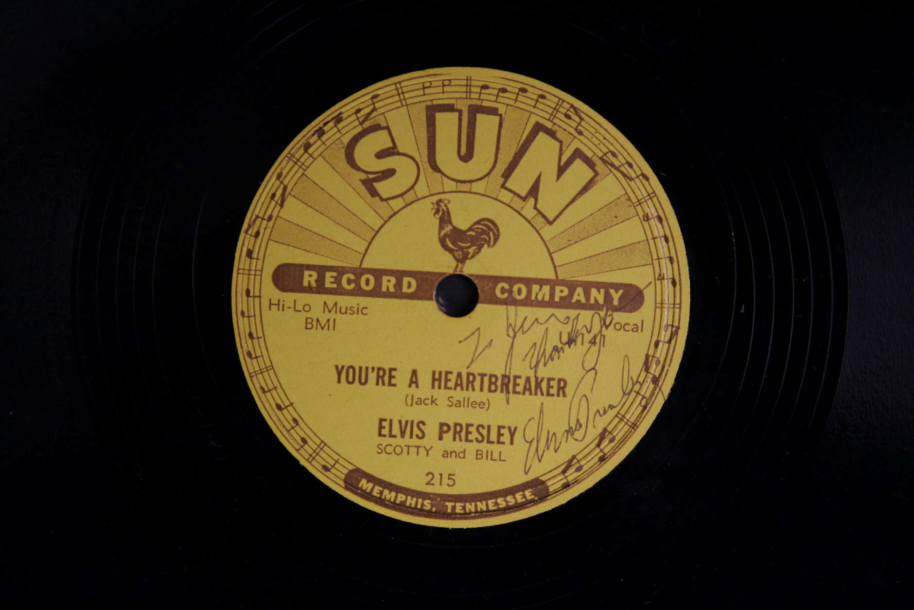 This 78 rpm single record "You're A Heartbreaker," autographed by Elvis Presley, was auctioned for $10,000 Sunday, Jan. 8, 2006, in Beverly Hills, Calif. A private collection of memorabilia that includes thousands of original SUN and RCA record albums is being auctioned Sunday, which marks the legends birthday. (AP Photo/Ric Francis)