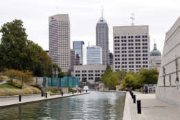 Part of the Indianapolis skyline is shown, Thursday, Sept. 22, 2011. The Stadium is the site of the 2012 Super Bowl on Feb 5, 2012.  (AP Photo/Michael Conroy)