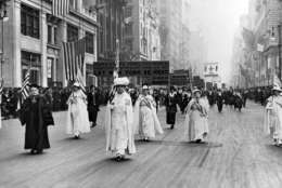 Dr. Anna Shaw and Carrie Chapman Catt, founder of the League of Women Voters, lead an estimated 20,000 supporters in a women's suffrage march on New York's Fifth Ave. in 1915 . (AP Photo)