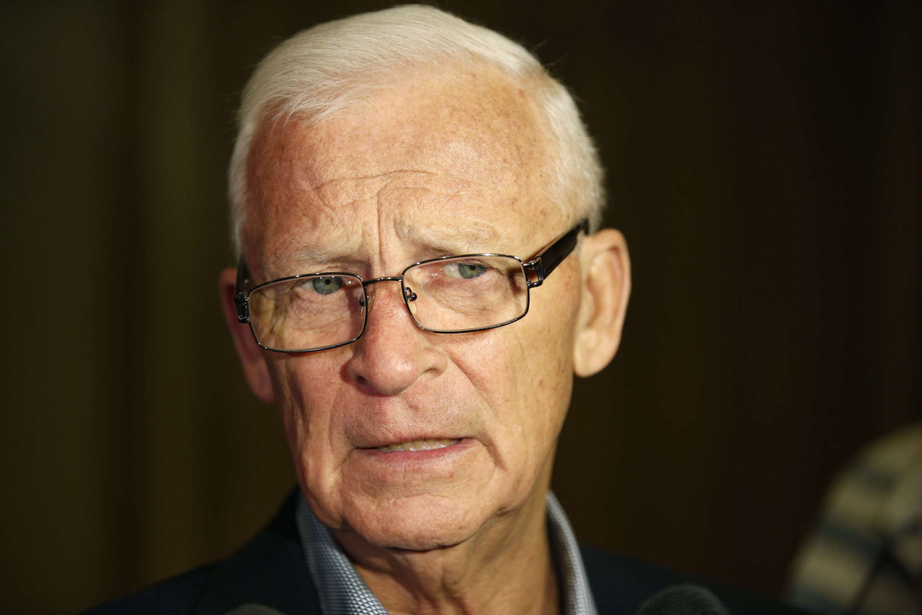 FILE - In this June 23, 2015, file photo, Ottawa Senators then-general manager Bryan Murray speaks with reporters after a meeting of NHL hockey GMs in Las Vegas. While the NHL holds its annual month-long “Hockey Fights Cancer” initiative, the Senators are a reminder that the fight doesn’t stop. The Senators have been particularly hard hit by the disease as assistant coach Mark Reeds died last year at 55, former general manager Murray continues his fight against terminal colon cancer and public-address announcer “Stuntman” Stu Schwartz battled leukemia. Recently, goaltender Craig Anderson’s wife, Nicholle, was diagnosed with cancer. (AP Photo/John Locher, File)