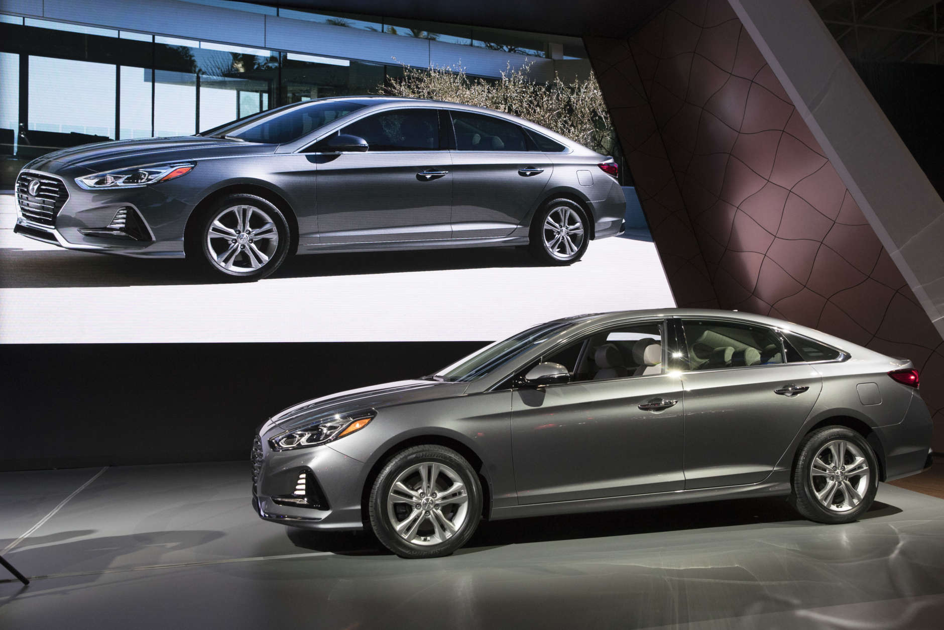 The Hyundai Sonata GLS is on display during a media preview at the New York International Auto Show, at the Jacob Javits Center in New York, Wednesday, April 12, 2017. (AP Photo/Mary Altaffer)