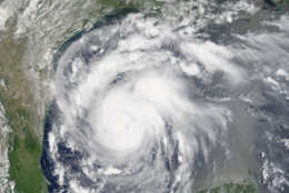 This satellite image provided by NASA on Thursday, Aug. 24, 2017 shows Hurricane Harvey off the Gulf of Mexico.  Harvey intensified as it steered toward the Texas coast on Friday, with forecasters saying it had strengthened to a Category 2 storm with the potential to swamp communities more than 100 miles (161 kilometers) inland.  (NASA via AP)