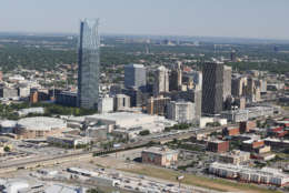 The Oklahoma City skyline is pictured in an aerial photo, Thursday, May 15, 2014. (AP Photo/Sue Ogrocki)