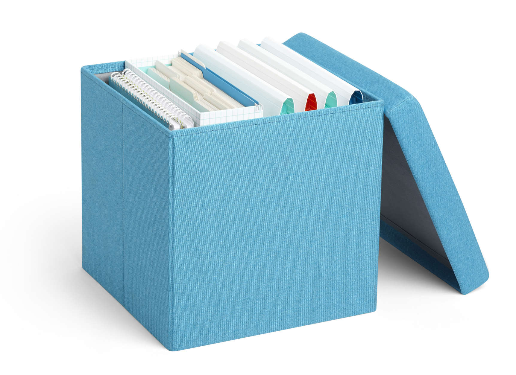 This photo provided by Poppin shows a storage unit called the Box Seat, that sells for the college contingent tired of the milk-crate look. It's covered with fabric in light and dark gray, navy, orange, red and pool blue, and is sturdy enough to withstand 275 pounds.  (Poppin via AP)