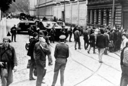 Tanks and troops from the Soviet Union stand in the middle of a street in Prague after the Soviet invasion of Czechoslovakia on Aug. 21, 1968, putting an end to Prague Spring reform.  (AP Photo)